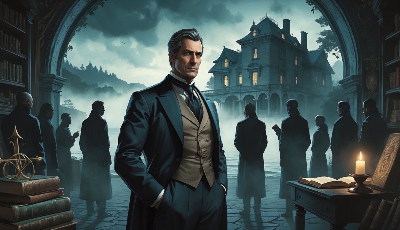 A man in vintage formal clothing stands confidently in a dimly lit room with shadowy followers, surrounded by mystical artifacts and books, with a foggy coastal mansion visible outside.