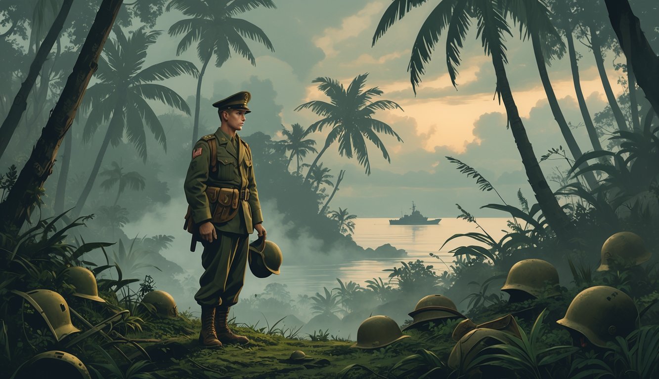 A World War II American soldier stands alone in a misty Pacific jungle surrounded by trees and wartime debris, looking toward the distant ocean where a ship is visible on the horizon.