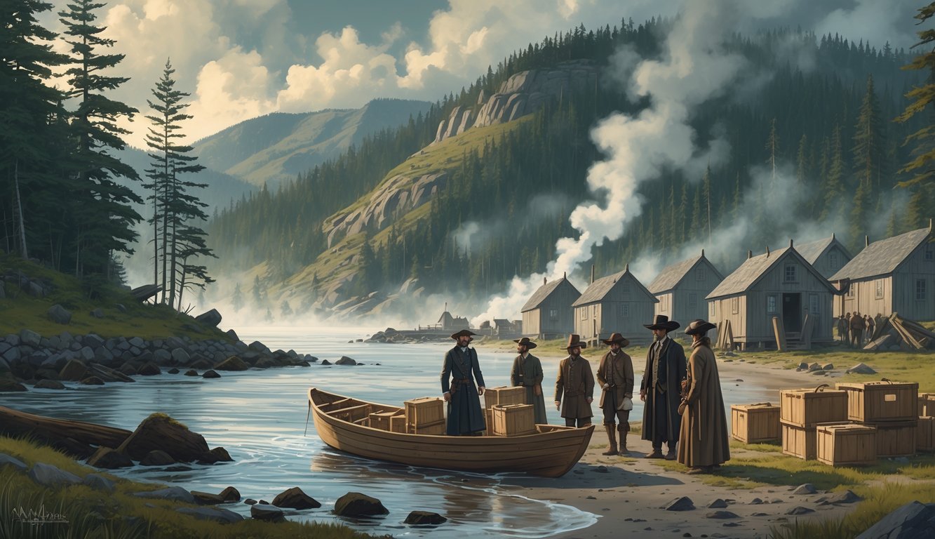 Settlers unloading supplies on a rocky shore of Vancouver Island with wooden cabins under construction and a mysterious figure standing apart from the group.