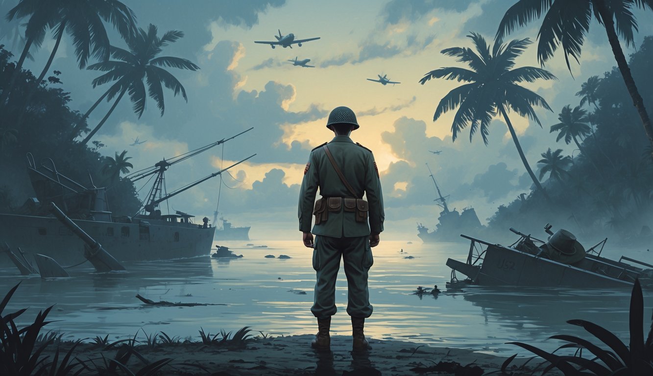 A lone World War II American soldier stands on a tropical island shoreline at dawn, looking out over a misty ocean with remnants of wartime debris and dense jungle surrounding him.