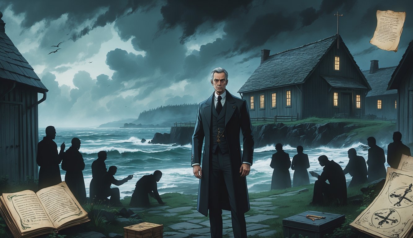 A mysterious man stands in front of a coastal compound with followers nearby, surrounded by mist and dark skies, suggesting a secretive cult community.