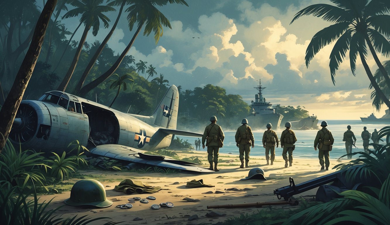 A group of soldiers searching a dense jungle island near a crashed WWII plane with scattered military gear, under an overcast sky.