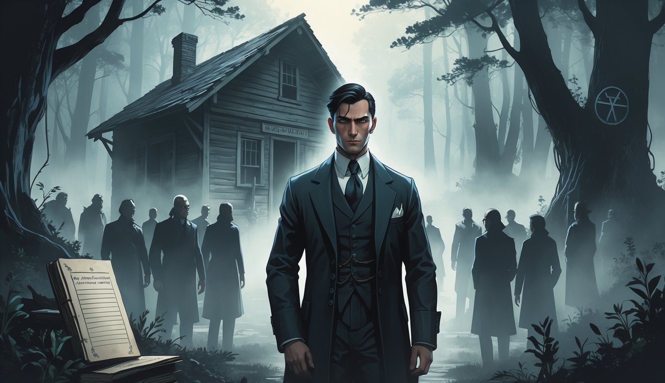 A mysterious man stands in front of an old cabin in a foggy forest, surrounded by ghostly figures representing his followers and symbolic elements hinting at secrets.