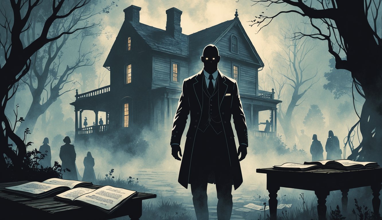 A shadowy man stands before an old mansion surrounded by fog and twisted trees, with faint ghostly figures and scattered ancient books nearby.