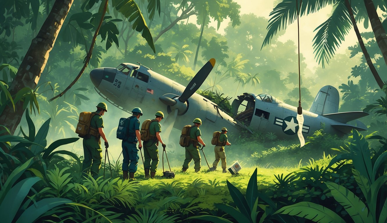 A team of searchers in a dense Pacific jungle examines a crashed WWII-era plane, surrounded by tropical plants, with a small memorial nearby.