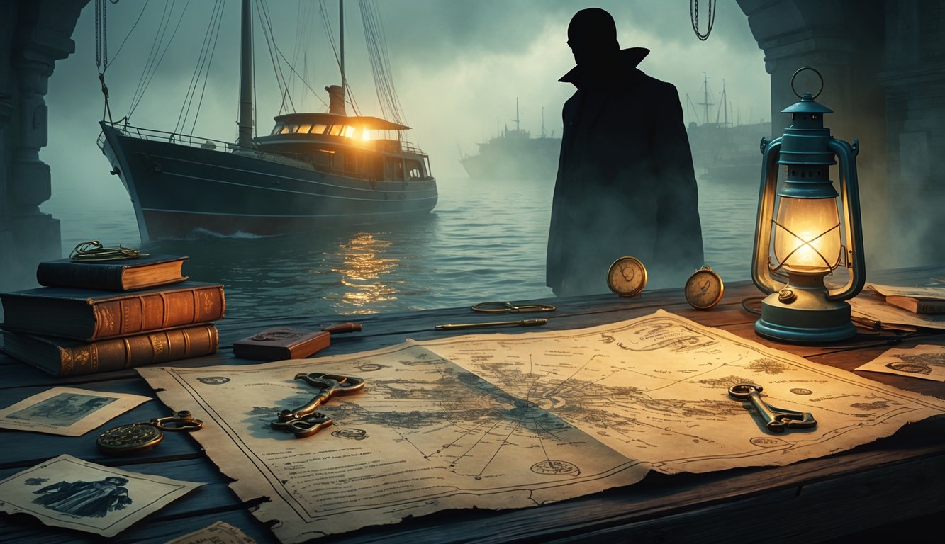 A table with an old map, keys, and photographs, a shadowy figure near a foggy waterfront with a docked yacht in the background.
