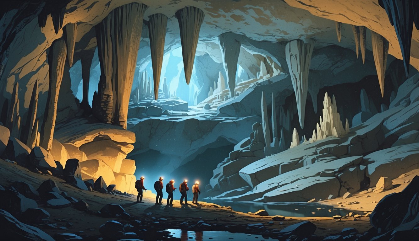 A group of explorers with helmets and headlamps inside a large cave with stalactites, stalagmites, and rocky formations illuminated by soft light.