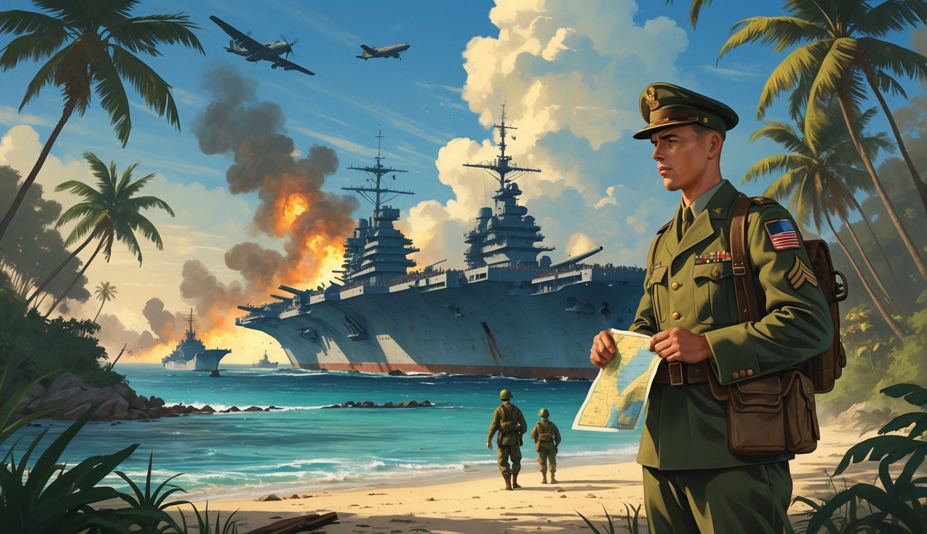 An American WWII soldier stands on a tropical island shore looking at a map, with warships and smoke in the ocean behind him and a search party moving through the jungle.