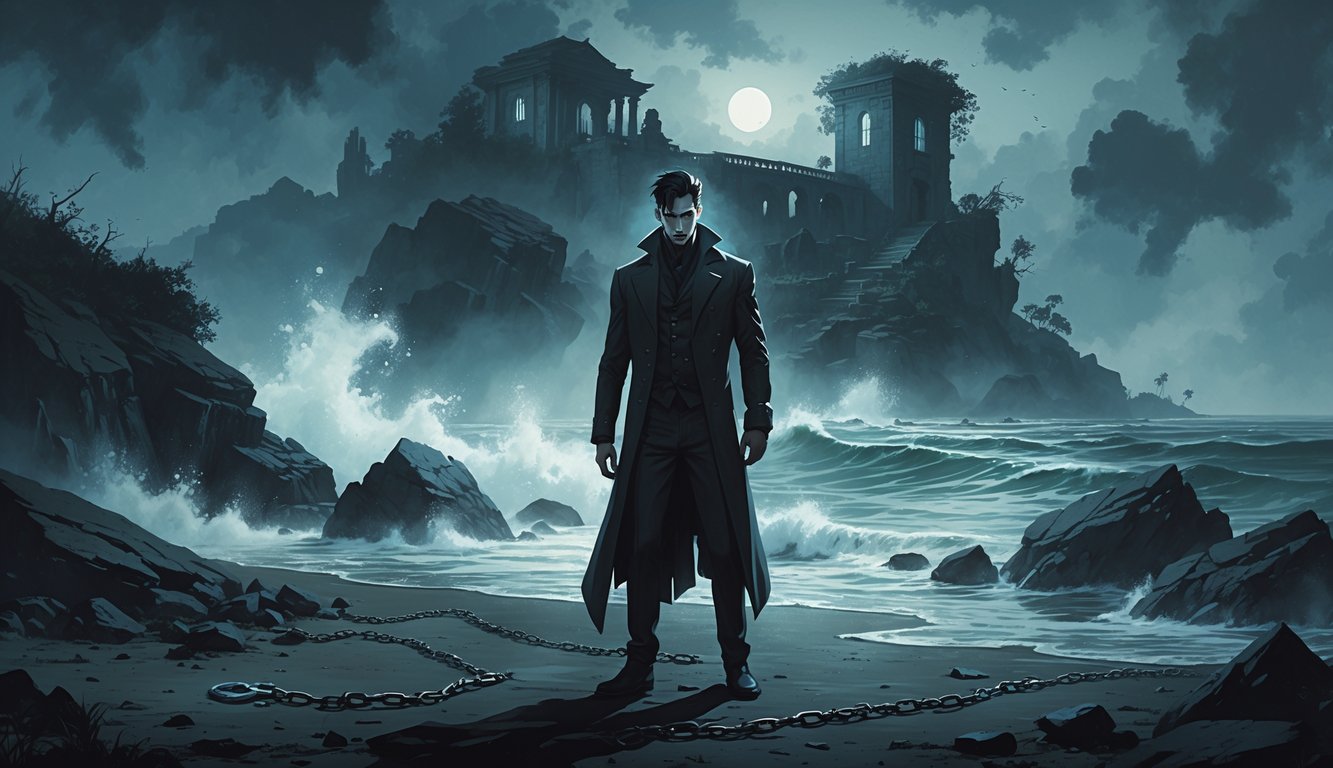 A shadowy man stands on a rocky shoreline with a foggy mansion behind him and turbulent sea waves crashing nearby, surrounded by faint figures watching from a distance.