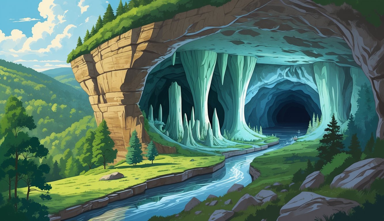 Cross-sectional view of Mammoth Cave showing underground limestone formations and a river beneath forested hills.