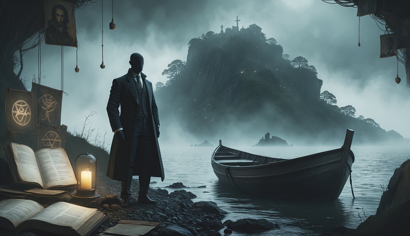 A mysterious man stands on a rocky shore near a wooden boat with a foggy island in the background, surrounded by symbols and old manuscripts.