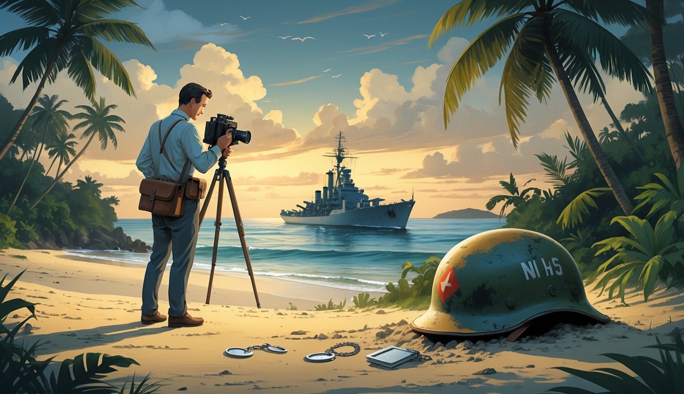 A journalist stands on a tropical beach near a soldier's helmet and dog tags, with a naval ship and search party in the background, symbolizing the search for a missing WWII soldier in the Pacific.
