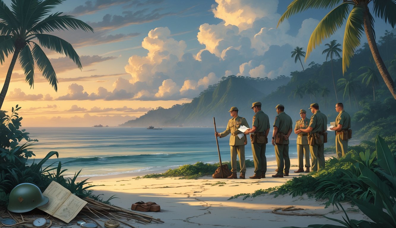 A group of people searching on a tropical island with jungle and ocean, examining WWII relics and maps as they look for a missing soldier.