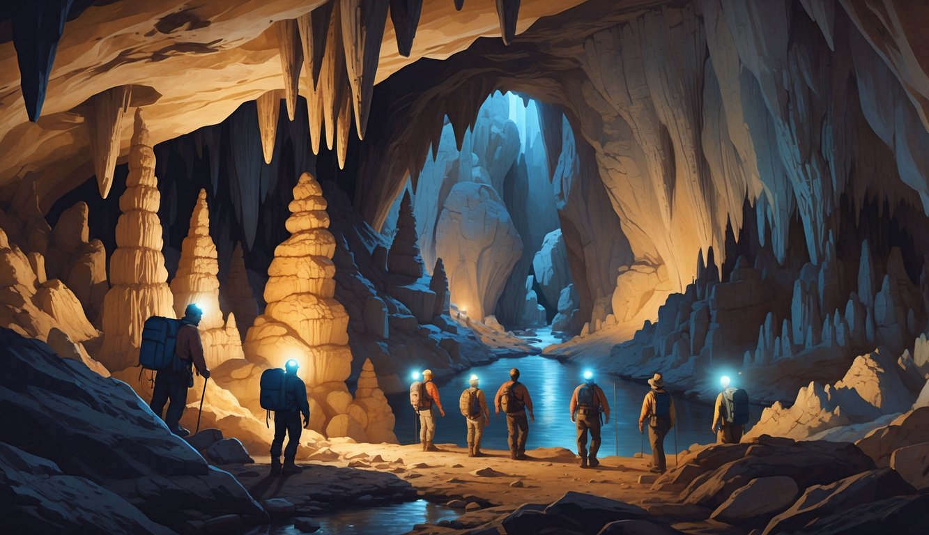 A group of explorers with headlamps inside a large underground cave with rock formations, ancient artifacts on the walls, and a flowing river in the background.