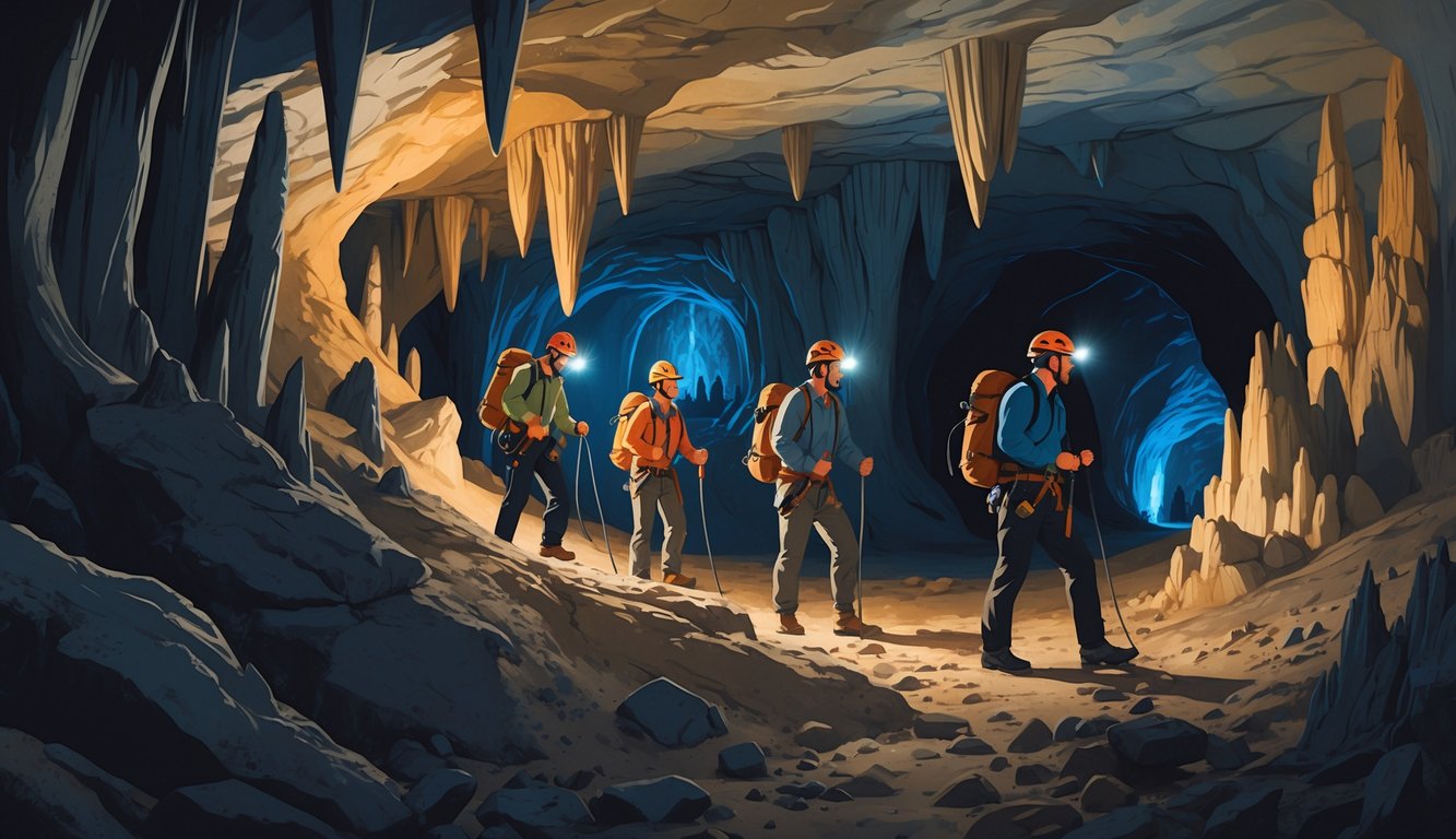 A group of cave explorers wearing helmets and headlamps inside a large underground cavern with stalactites and stalagmites, examining cave walls and formations.