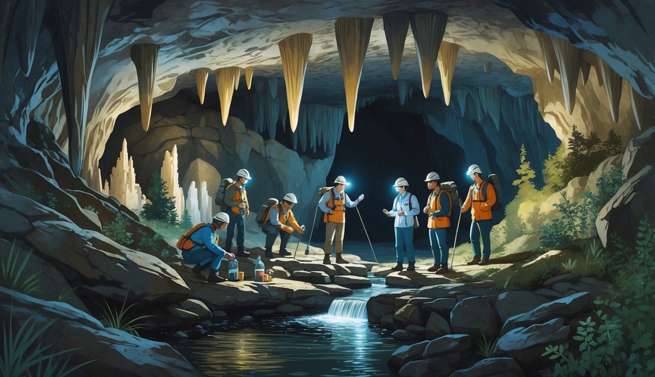 Scientists exploring and studying formations inside a large underground cave with rock formations and an underground stream.