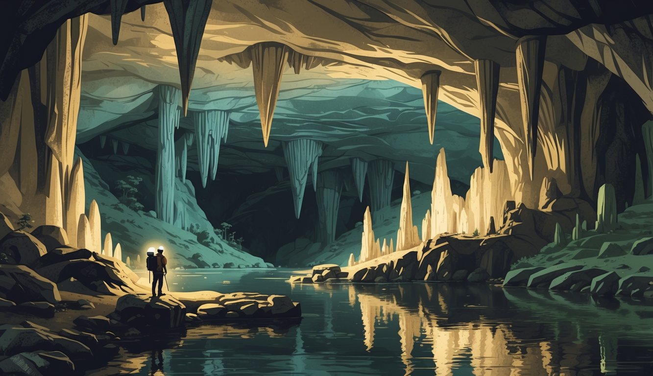 A detailed underground cave scene showing large rock formations, stalactites, stalagmites, and explorers with headlamps inside a vast cavern.