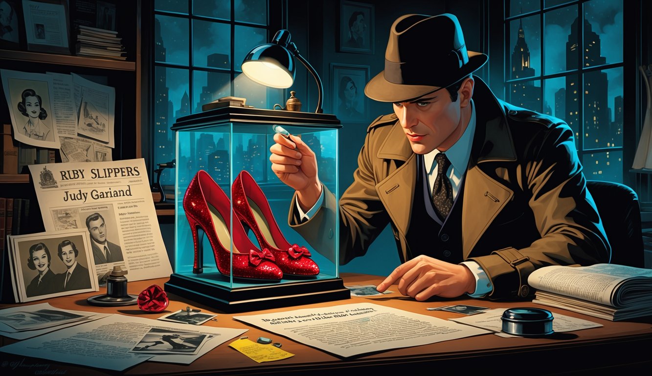 A detective in a trench coat examines a glass case holding sparkling red ruby slippers, surrounded by photos and clues in a vintage office at night.