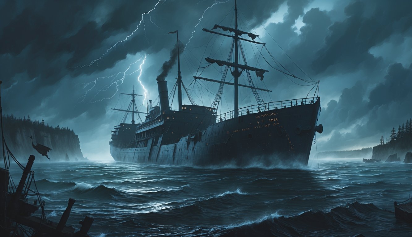 A ghostly cargo ship appears on a misty, stormy lake with dark clouds and lightning, surrounded by fog and distant shoreline.