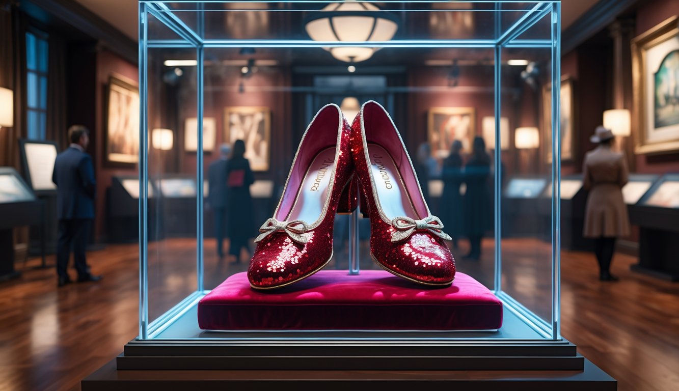 A pair of sparkling red ruby slippers displayed on a velvet cushion inside a glass case in a museum, with subtle objects suggesting a mystery investigation nearby.