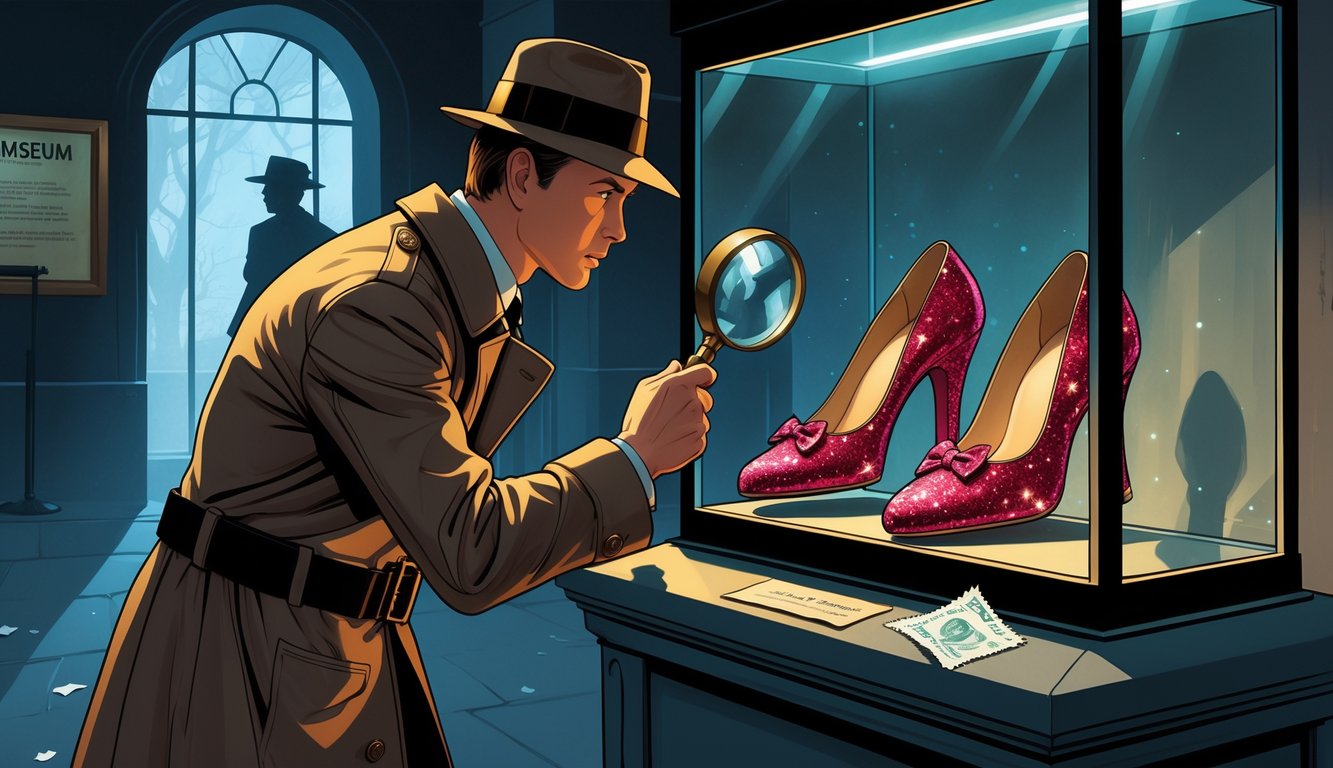 A detective examining a pair of sparkling ruby slippers inside a museum display case, with clues and a shadowy figure in the background.