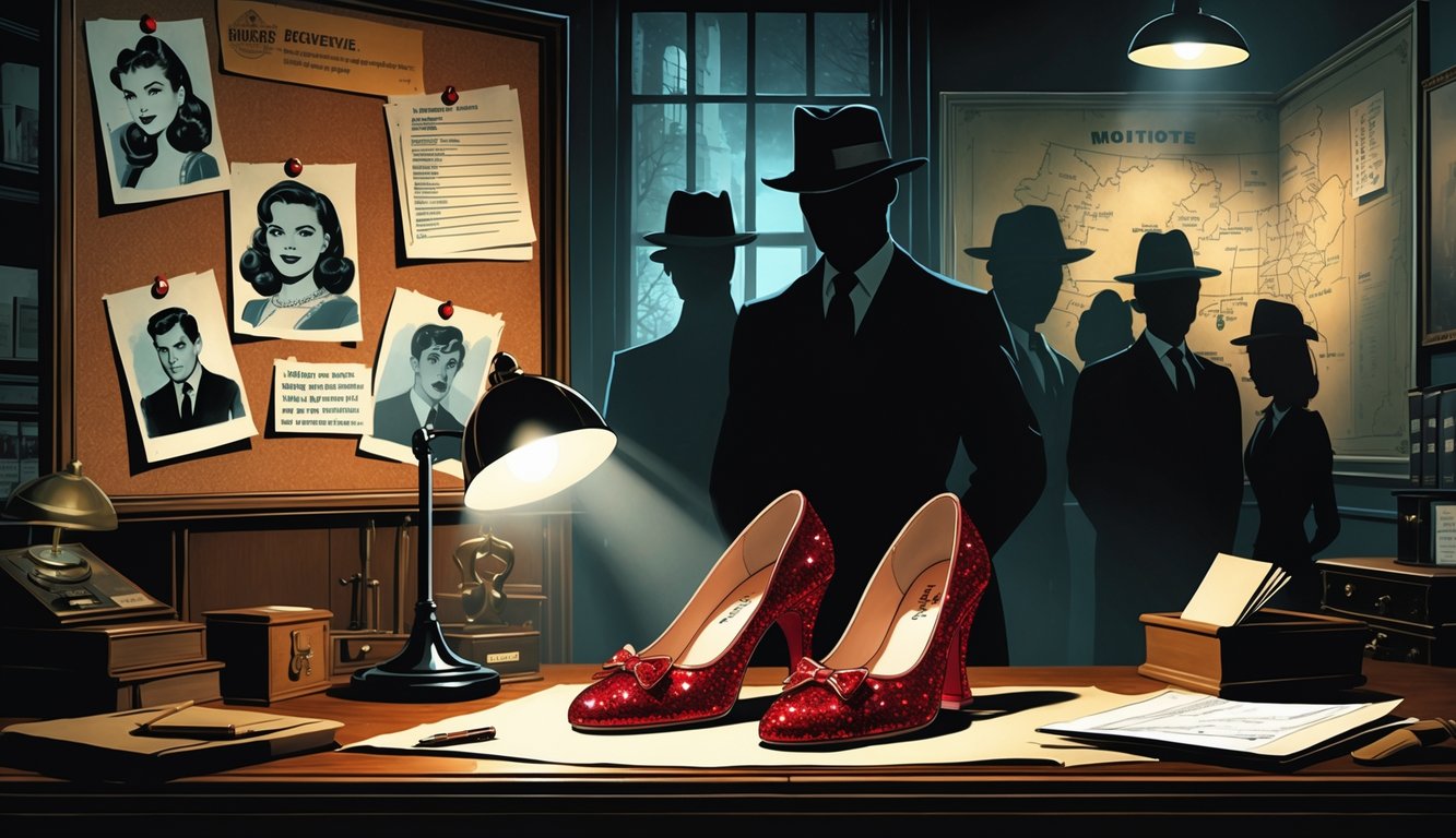 A detective's office with a glass case holding ruby slippers on a desk, a corkboard with photos and notes about suspects and motives, and shadowy figures representing suspects in the background.