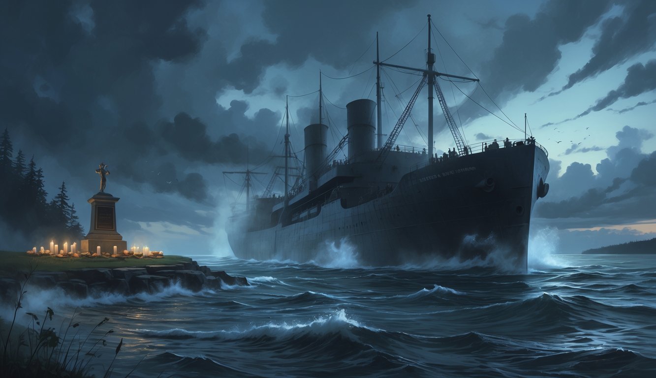 A large cargo ship sailing on misty, turbulent waters at dusk with ghostly sailor figures around it and a small memorial with flowers and candles on the distant shore.
