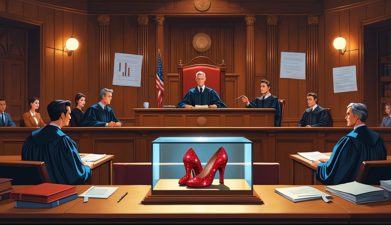A courtroom scene showing a judge, lawyers, and jurors focused on a display case containing a pair of sparkling ruby slippers under glass.