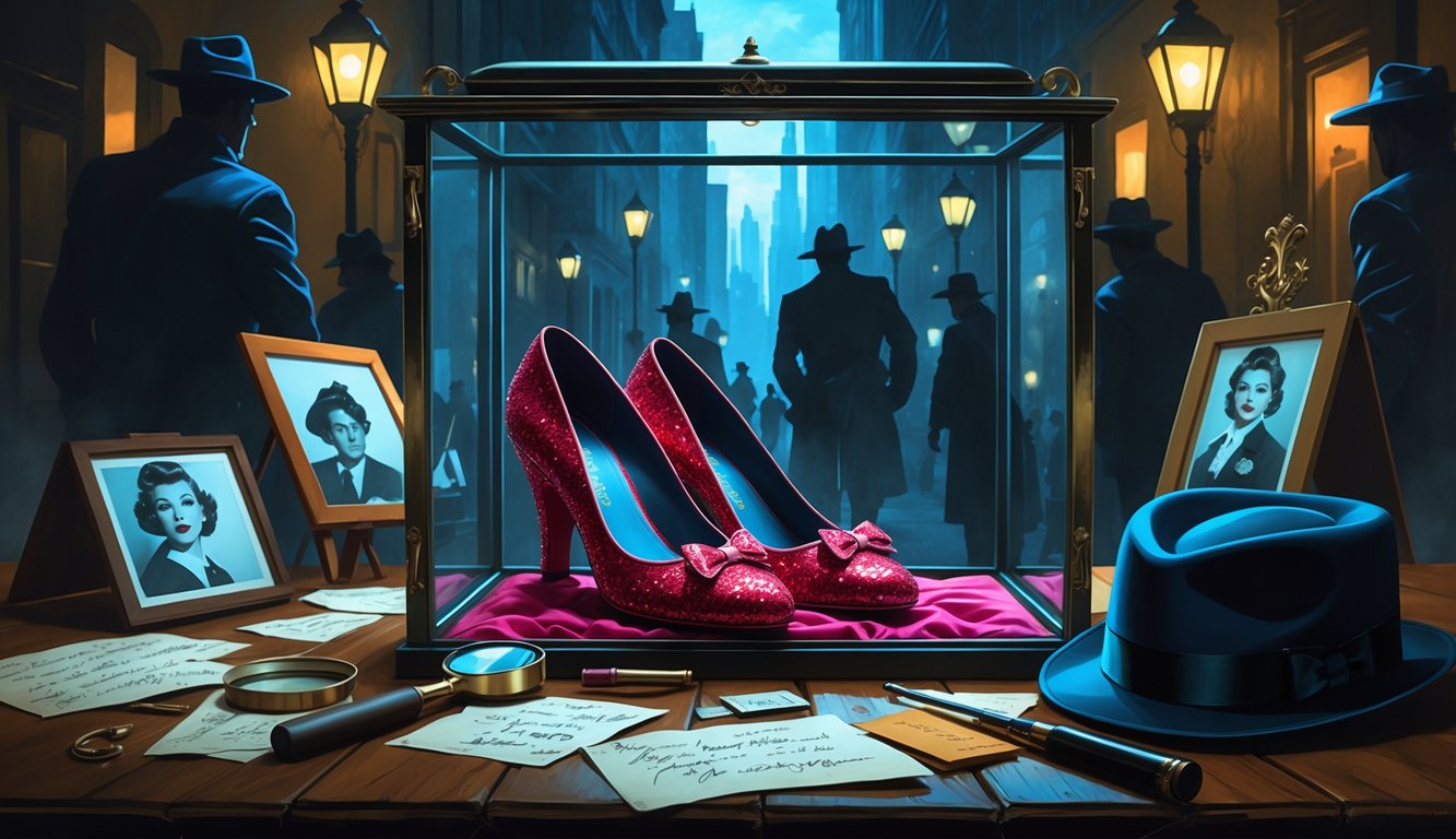 A pair of sparkling red slippers displayed in a glass case surrounded by detective tools and clues on a table, with shadowy figures and a cityscape in the background.