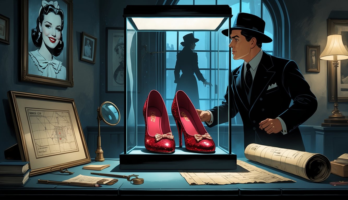 A pair of ruby slippers displayed in a glass case with a detective examining them, surrounded by investigation clues in a museum room featuring Wizard of Oz memorabilia.