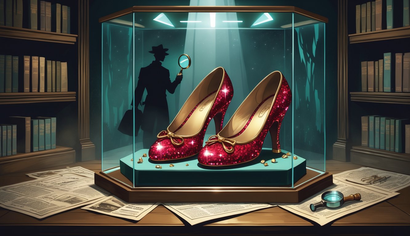 A pair of sparkling ruby slippers displayed in a glass case with a shadowy figure examining them, surrounded by newspaper clippings and a map in a museum-like room.