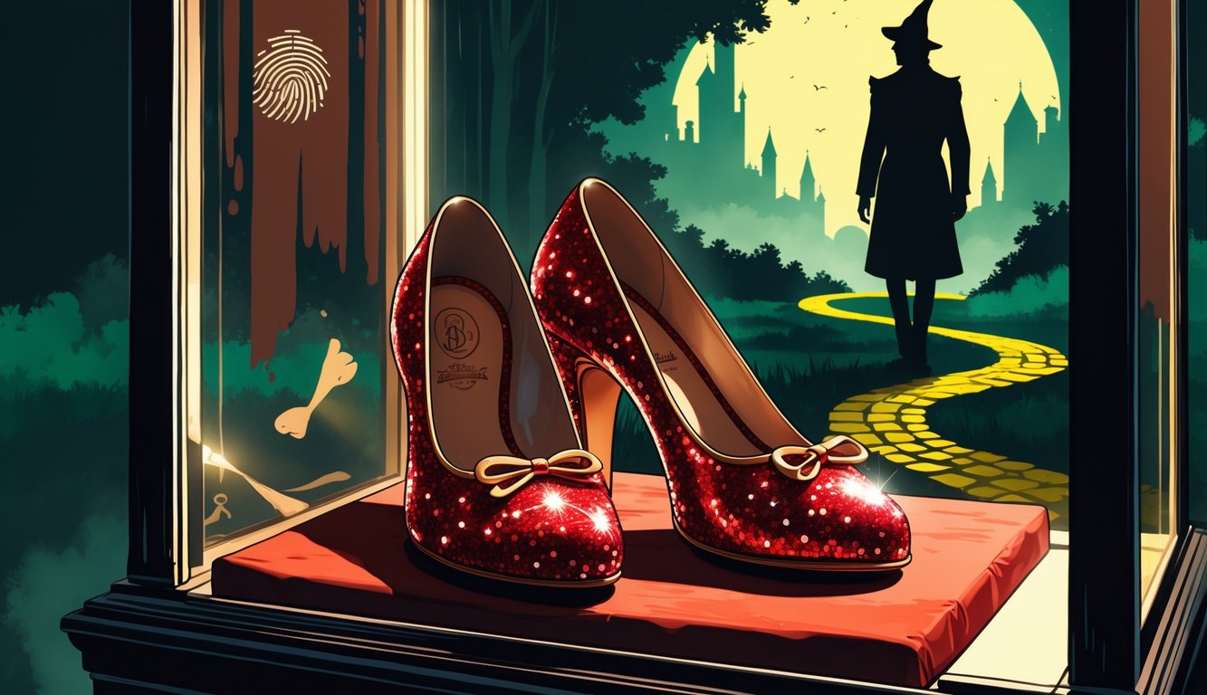 A pair of sparkling red ruby slippers displayed in a glass case with a shadowy figure in the background and a faint yellow brick road leading to a distant city.
