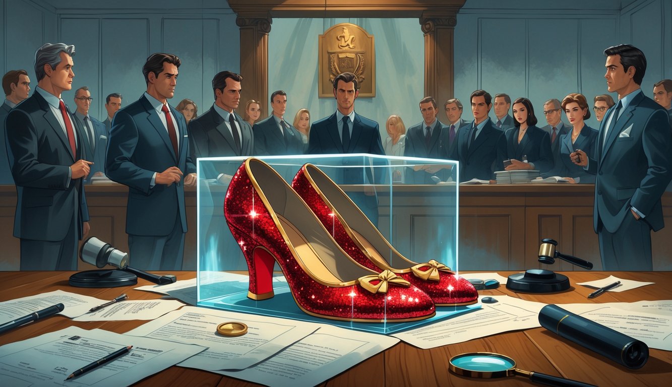 A courtroom scene showing detectives and lawyers investigating and discussing the search for a pair of iconic red slippers displayed under glass.