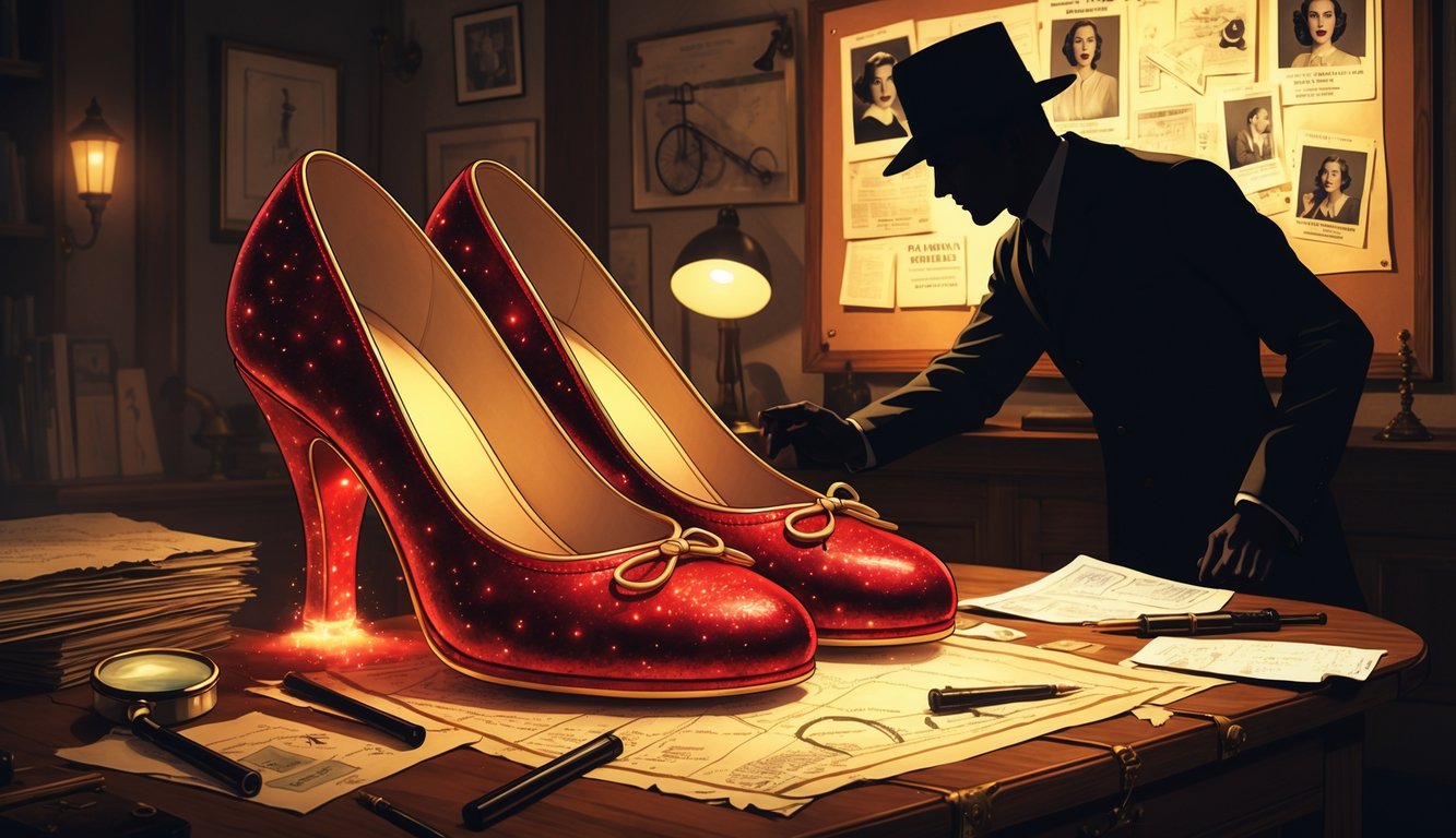 A pair of glowing red slippers on a wooden table surrounded by maps and detective tools, with a figure examining clues on a wall in a dimly lit room filled with Hollywood memorabilia.