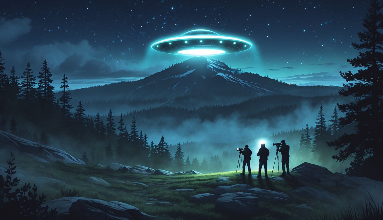 A nighttime mountain scene with a glowing UFO hovering above Mt. Adams, while investigators observe from a forested area below.