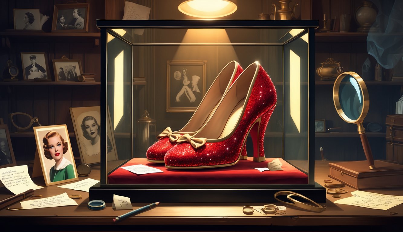 A pair of bright red ruby slippers displayed on a velvet cushion inside a glass case, surrounded by vintage photographs, handwritten notes, and a magnifying glass in a dimly lit room filled with memorabilia.