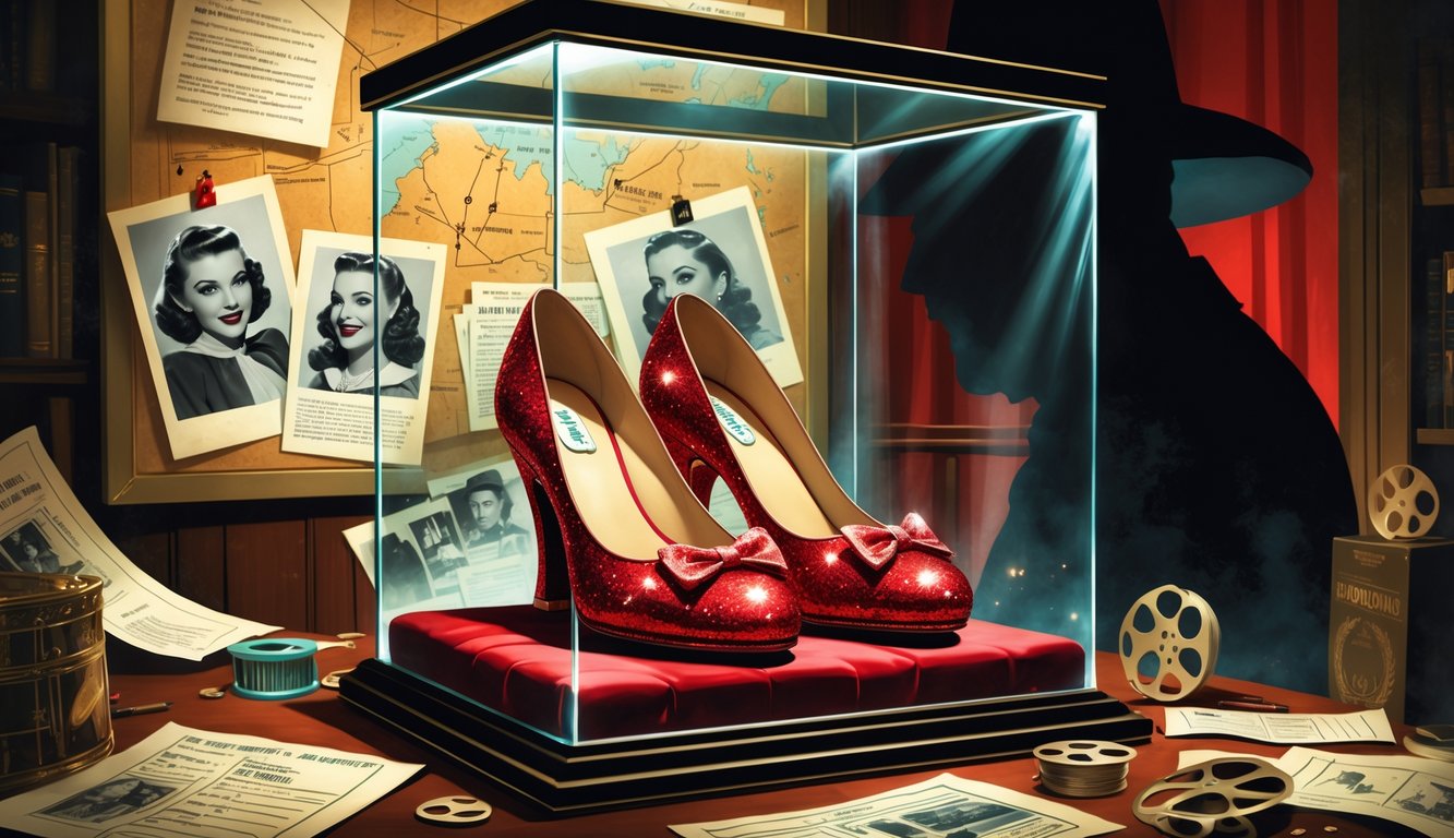 A pair of sparkling red slippers displayed in a glass case surrounded by vintage film props and photographs, with a detective examining clues on a board in the background.