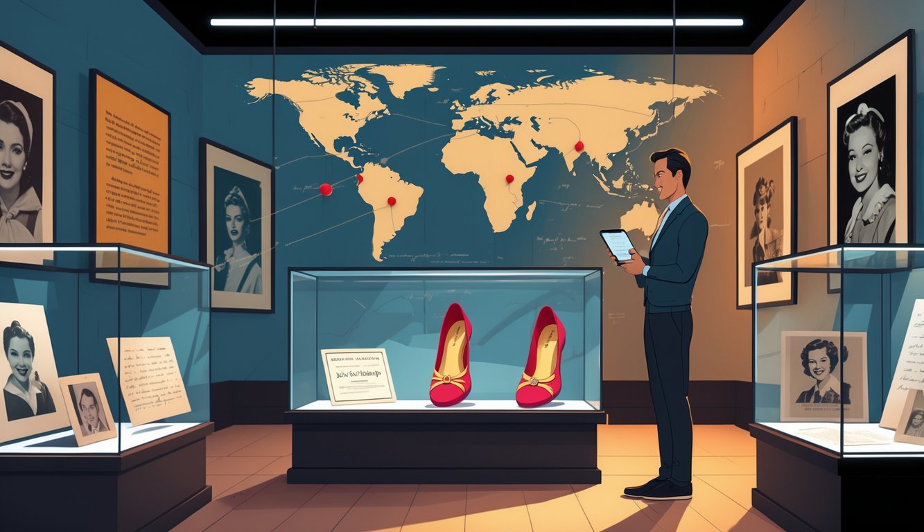 Museum exhibit showing Judy Garland's ruby slippers in a glass case with a curator examining a tablet nearby and a map with red markers in the background.