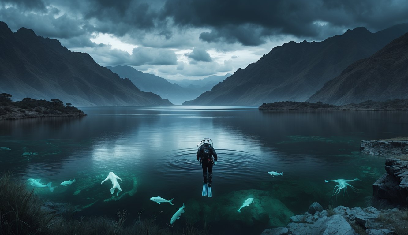 A diver descending into the dark, deep waters of Lake Titicaca surrounded by mountains under a cloudy sky, with faint underwater ruins visible beneath the surface.