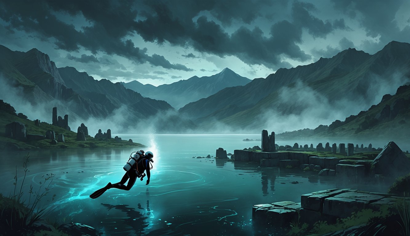 A diver explores the dark waters of a high mountain lake surrounded by mountains, with ghostly figures emerging from the water and ancient ruins visible underwater.