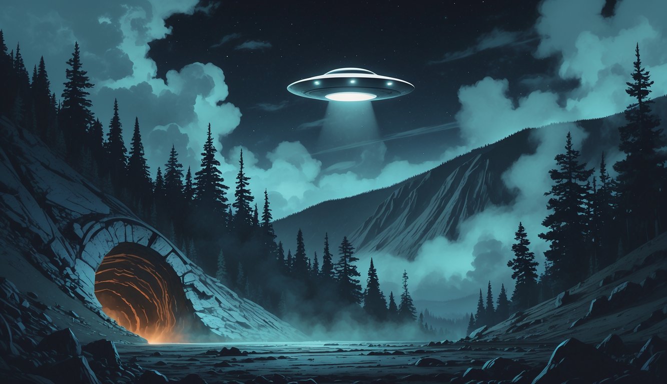 A nighttime scene showing a lava tube entrance on Mt. Adams with a hovering UFO above and evergreen trees surrounding the area.