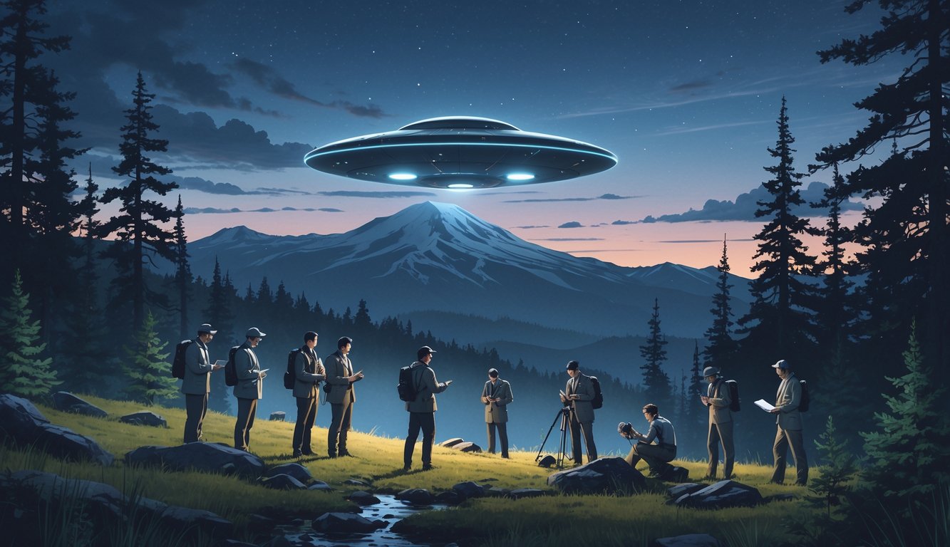 Scientists investigating a UFO sighting near Mt. Adams, with the mountain in the background and a glowing UFO hovering in the sky above a forested area.