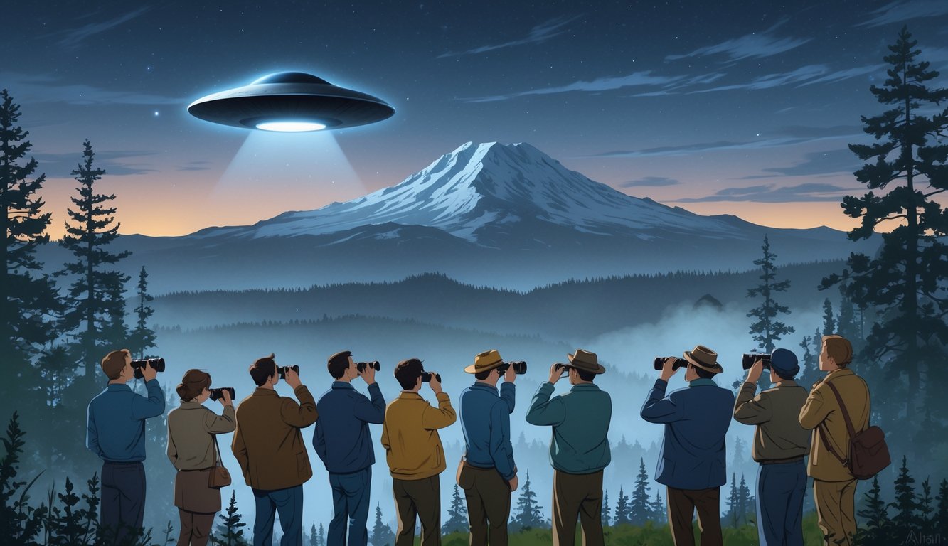A view of Mt. Adams at twilight with a UFO hovering above the peak and people observing from a forested area below.