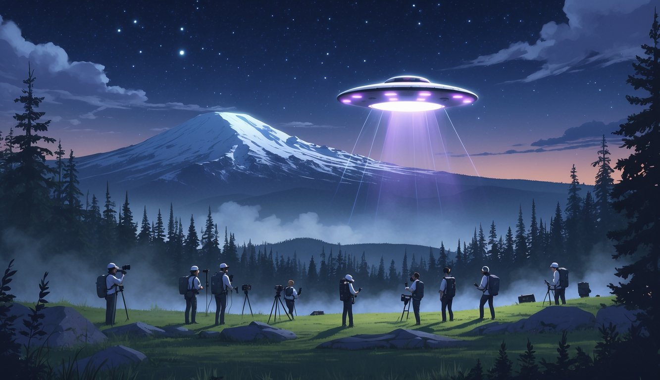 Researchers investigating a UFO sighting near Mt. Adams mountain at twilight, with a glowing UFO hovering above the forested landscape.