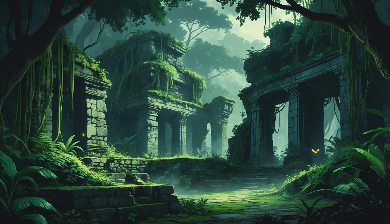 Ancient stone ruins covered in vines and moss surrounded by dense Amazon rainforest with mist and shadows creating a mysterious atmosphere.