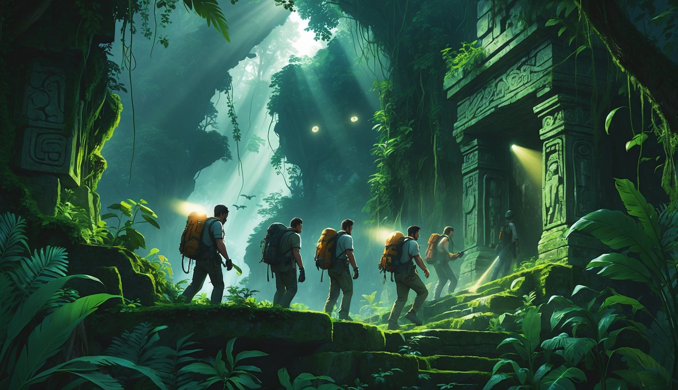A group of explorers investigating ancient ruins hidden in a dense Amazon rainforest surrounded by thick vegetation and mysterious shadows.