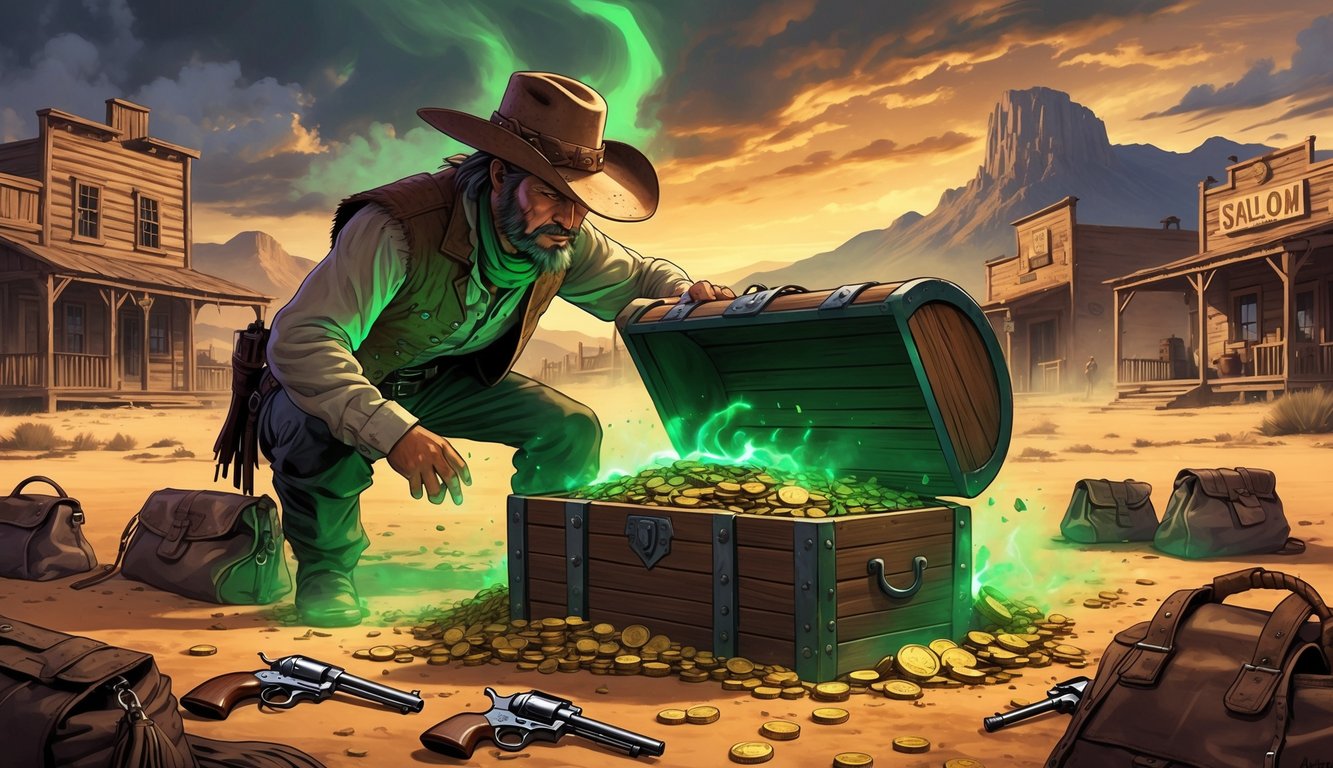 An outlaw in a dusty desert uncovers a glowing treasure chest near a frontier town at sunset.