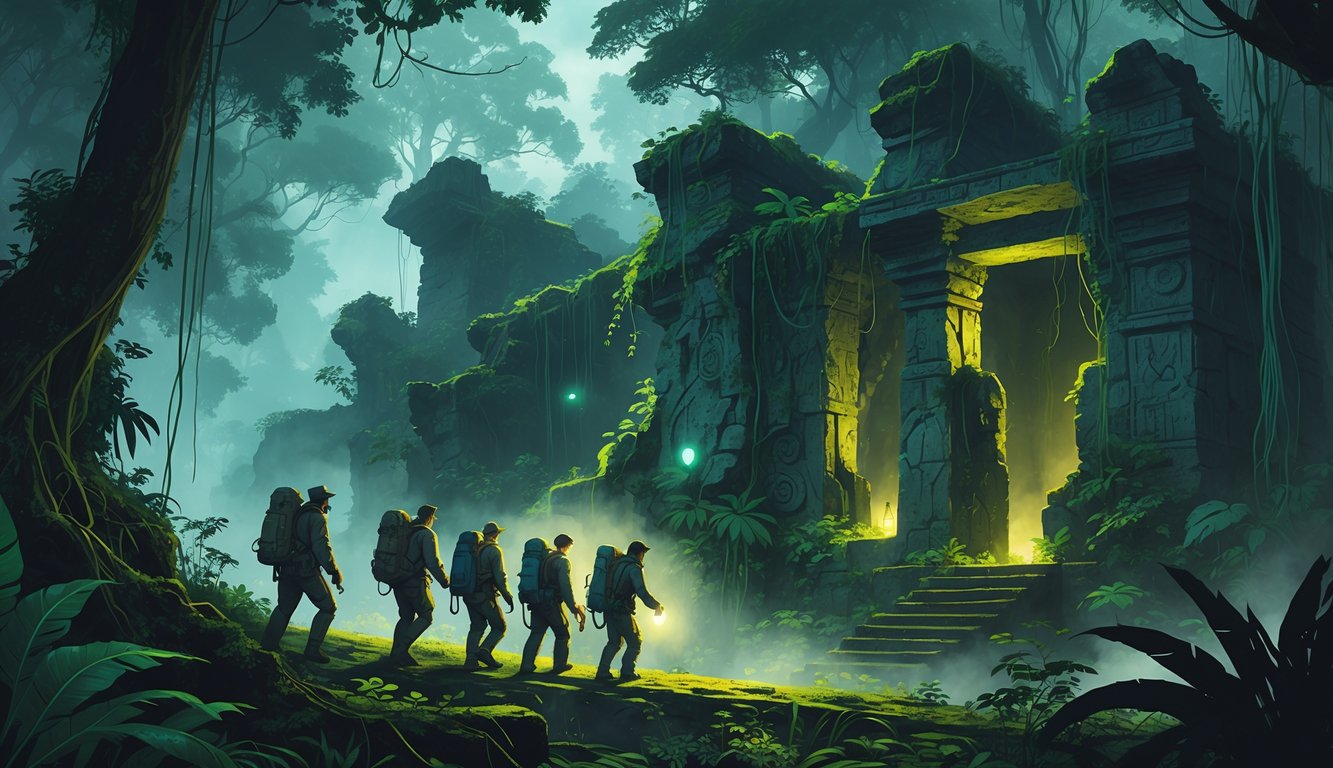 A group of explorers investigates ancient, overgrown ruins deep in the Amazon rainforest with dense trees and mist surrounding them.