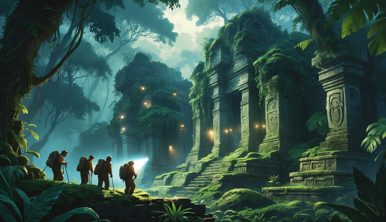A group of explorers investigating ancient, overgrown ruins deep in the Amazon rainforest, surrounded by dense trees and mist with faint ghostly lights around the structures.