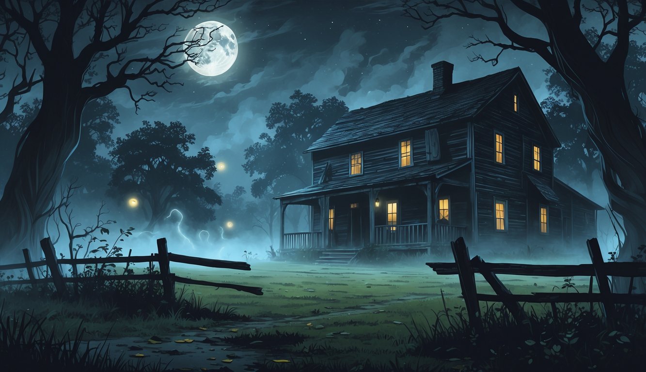 An old wooden farmhouse surrounded by twisted trees and fog at night, with faint ghostly shapes near the house.